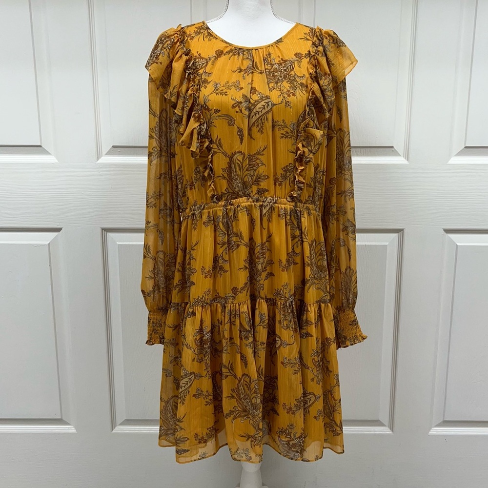 RACHEL PARCELL Metallic Stripe Floral Long Sleeve Dress Mustard Yellow Size XXL